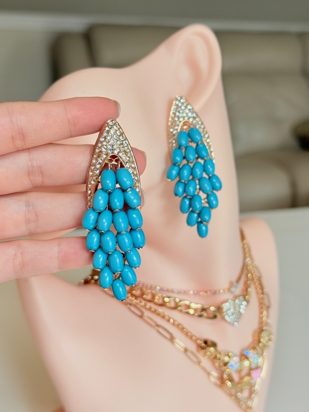 Gold-Tone Turquoise Cluster Drop Earrings - Picture 5 of 13